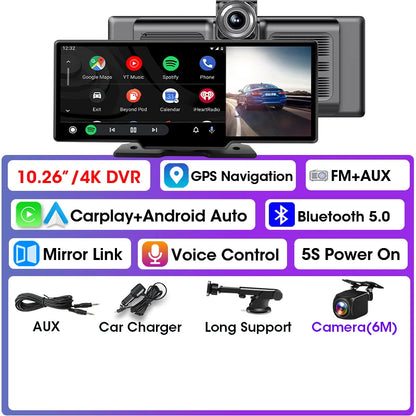 Écran de lecture de voiture de 10.26 pouces, CarPlay sans fil et Android Auto Dash Cam caméra arrière multimédia stéréo, Radio FM AUX, écran tactile de voiture