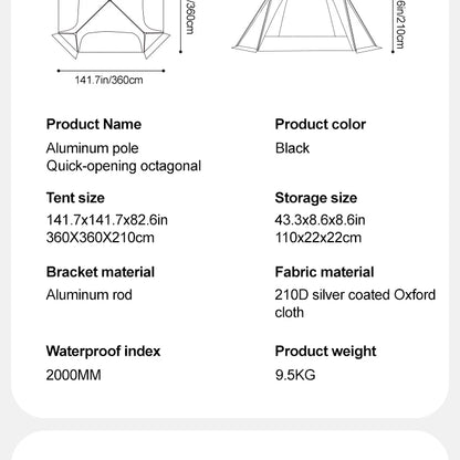 Tente de camping instantanée octogonale Sonuto, grande tente familiale avec structure en aluminium, résistante au vent et à l'eau, abri solaire pour la plage