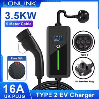 LONLINK-Chargeur de voiture électrique portable, prise britannique, câble de charge de 3,5 kW à type 2, GBT, type 1, 13A, 240V, 5m