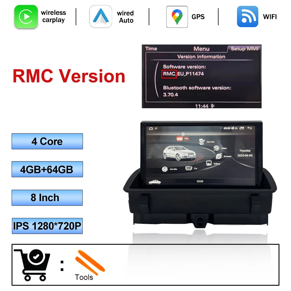 8 "CarPlay pour Audi Q3 2011-2018 RMC HNR autoradio Vedio multimédia stéréo DSP Android Auto écran tactile 4G WIFI Navigation GPS