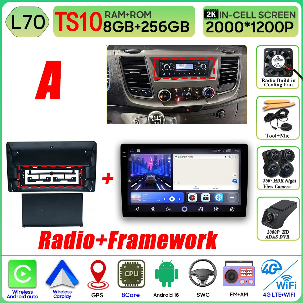 Autoradio Android 16 pour Ford Transit personnalisé Transit V363 350 lecteur multimédia Carplay Navigation GPS 4G Wifi vidéo stéréo 2din