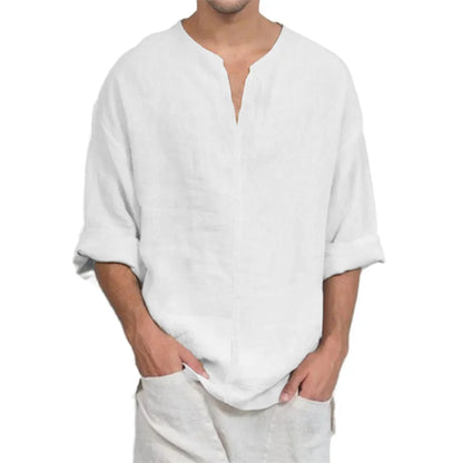T-shirt à manches longues et col en v pour hommes, en coton et lin, décontracté, couleur unie, léger, respirant, confortable, à la mode