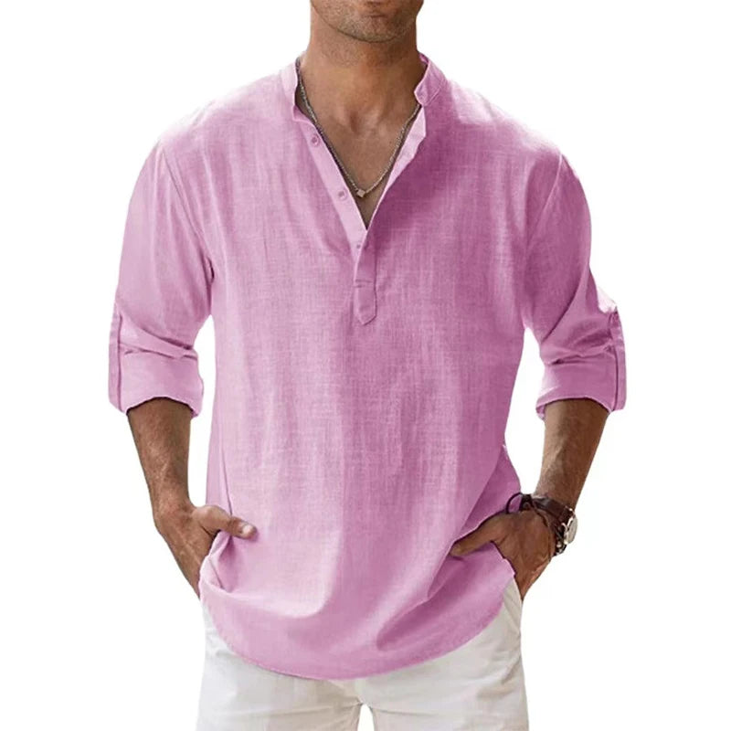 Nouvelles chemises en coton et lin pour hommes chemises décontractées légères à manches longues chemises de plage Henley t-shirts hawaïens pour hommes