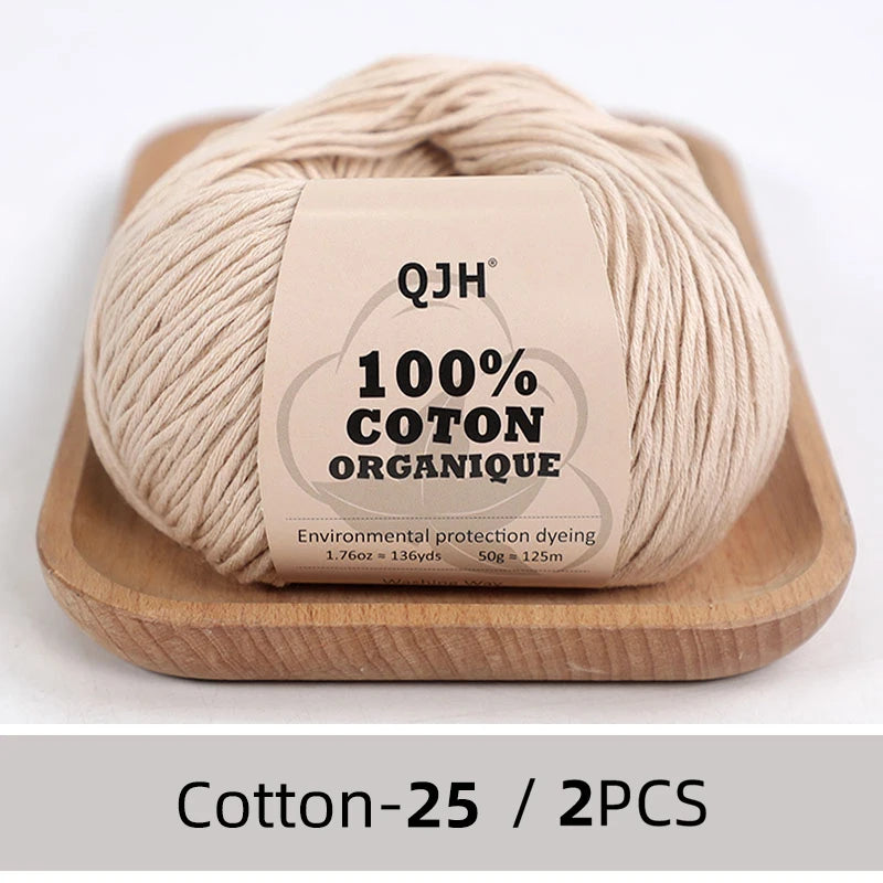 QJH Fil 100% coton biologique, fil pour tricoter, crochet et artisanat, paquet de 2 - 1,76 oz/136 mètres/1 pièce, léger, Dk