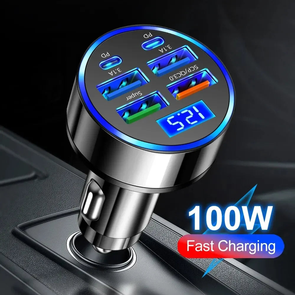 Chargeur de voiture à charge rapide, 66-250W, PD, QC3.0, une à six voitures, prise allume-cigare Laguna, charge flash avec affichage numérique