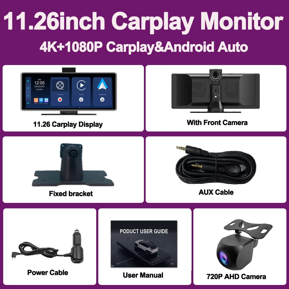راديو سيارة لاسلكي يدعم CarPlay و Android Auto، مشغل مرآة محمول عالمي، صوت بلوتوث، ستريو AUX، يدعم Apple أو Android، مقاس 10.26 بوصة