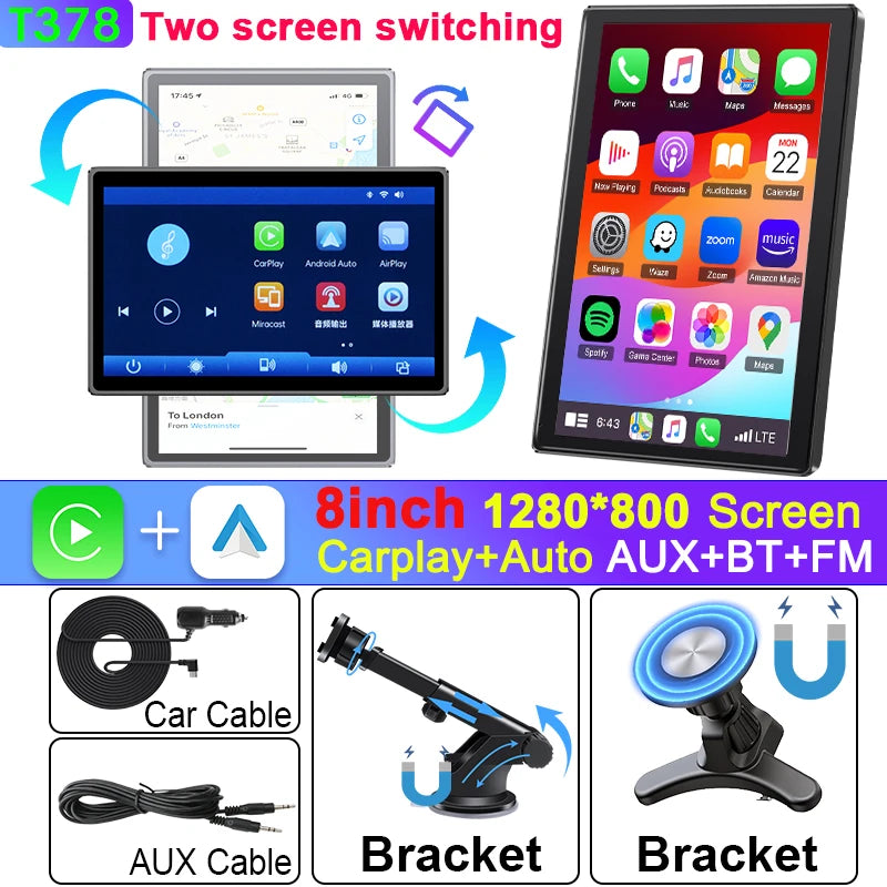 Écran de voiture rotatif Portable universel de 8 pouces, sans fil, Carplay, Android Auto et WIFI, lien miroir, caméra arrière de stationnement, stéréo AUX