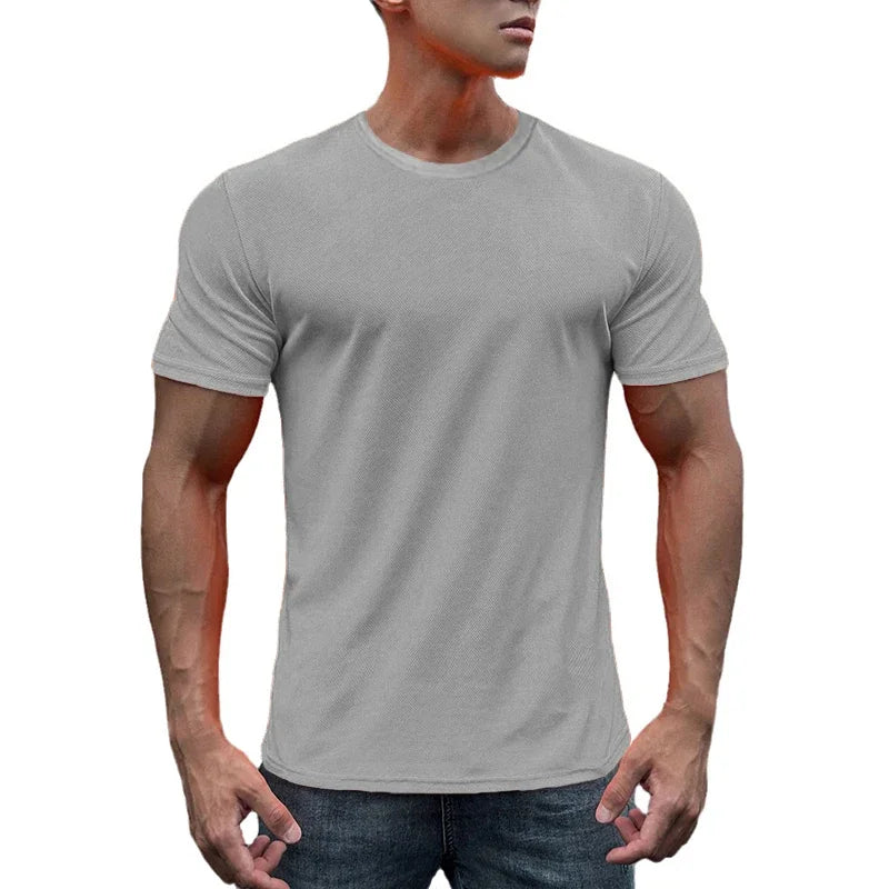 T-shirt en maille à manches courtes pour hommes, séchage rapide, uni, respirant, course à pied, gym, fitness, vêtements de sport, entraînement en Y, été