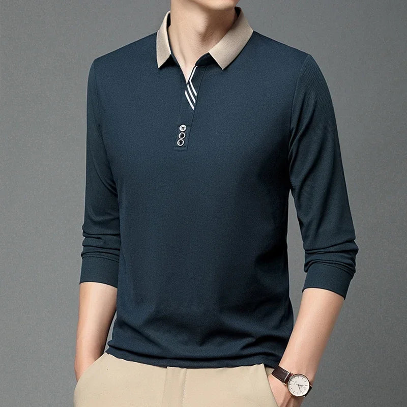 Polo à manches longues pour hommes, décontracté, couleur unie, à la mode, respirant, confortable, polyvalent, nouvelle collection