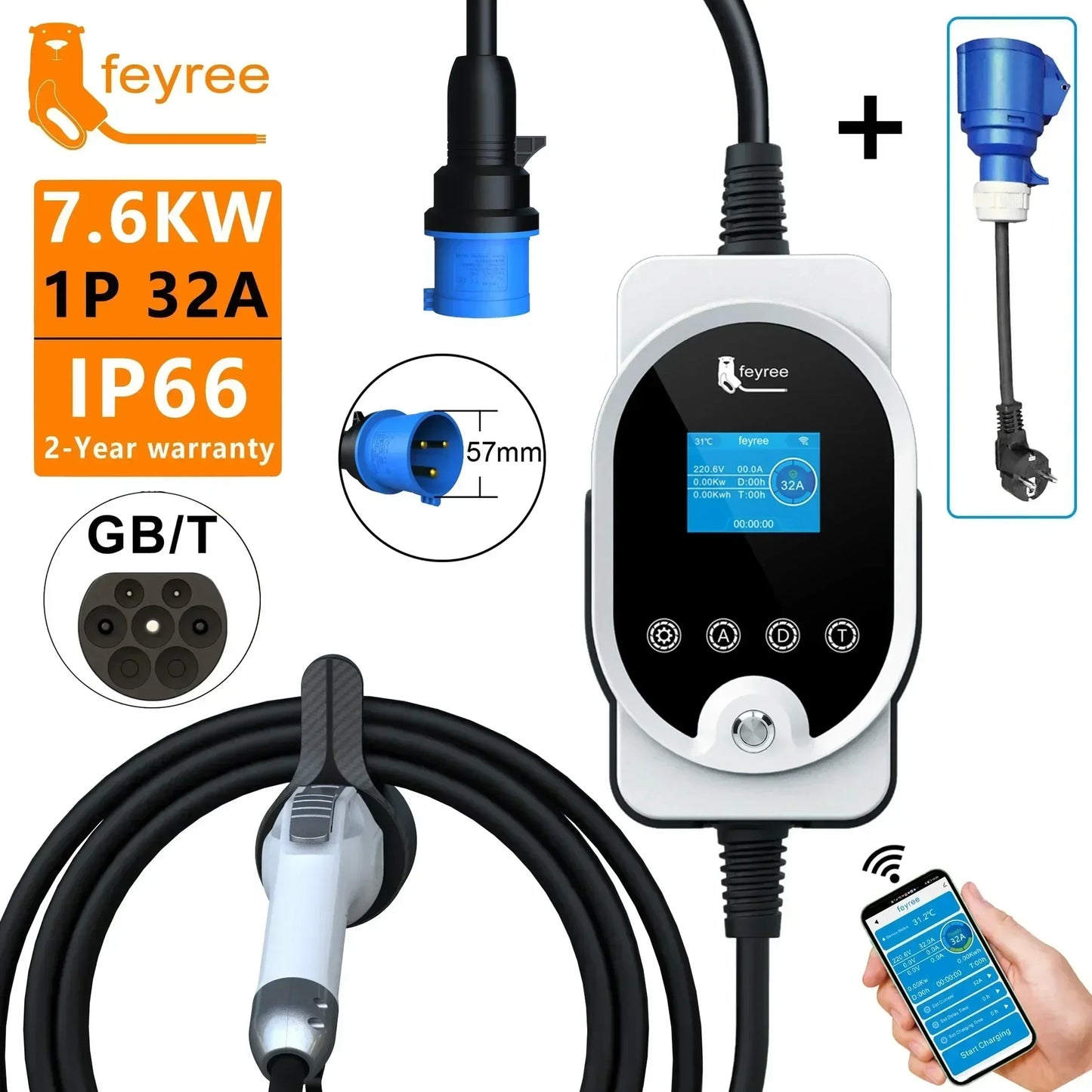 Fey123-Boîtier de charge pour véhicule électrique, prise EV, 7KW, 32A, réglable, version Bluetooth, ensemble de temps de charge, EVSE