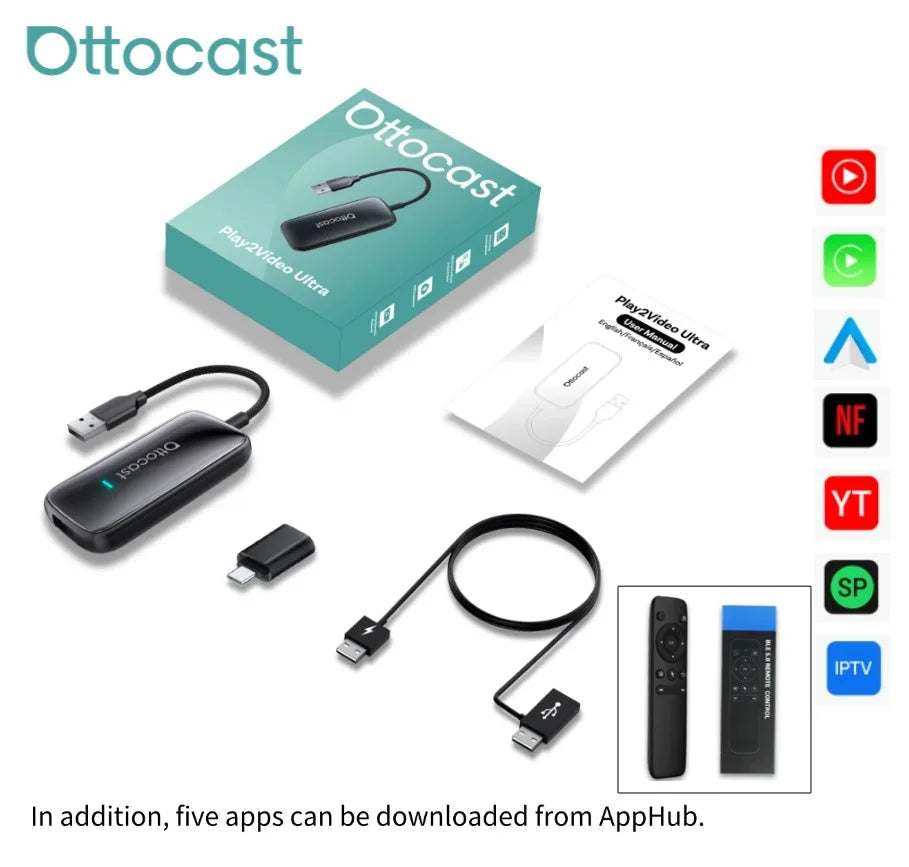 OTTOCAST Play2Video Ultra sans fil CarPlay et Android Auto AI Box intégré YouTube Netflix IPTV Plug & Play pour voiture filaire d'usine