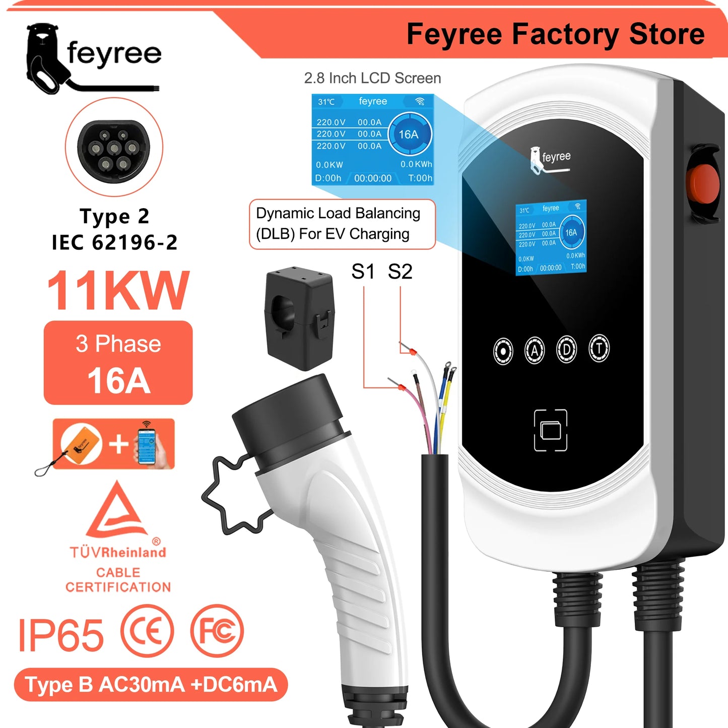 شاحن Feyree EV كابل من النوع 2 32 أمبير 7.6 كيلو واط موازنة شحن ديناميكية EVSE Wallbox وظيفة التطبيق 11 كيلو واط 22 كيلو واط محطة شحن سيارة كهربائية