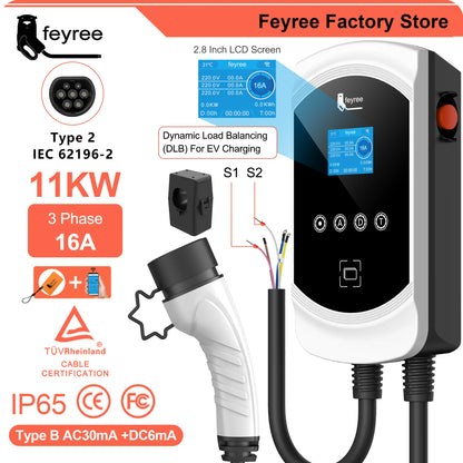 شاحن Feyree EV كابل من النوع 2 32 أمبير 7.6 كيلو واط موازنة شحن ديناميكية EVSE Wallbox وظيفة التطبيق 11 كيلو واط 22 كيلو واط محطة شحن سيارة كهربائية