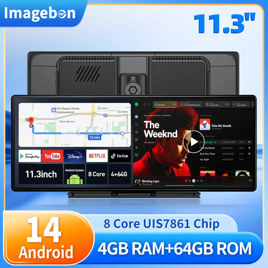 Imagebon 11.3'' 8 cœurs Dashcam Android 14 CarPlay sans fil Android Auto Écran partagé Caméra embarquée intelligente Écran AI Google Play OTA