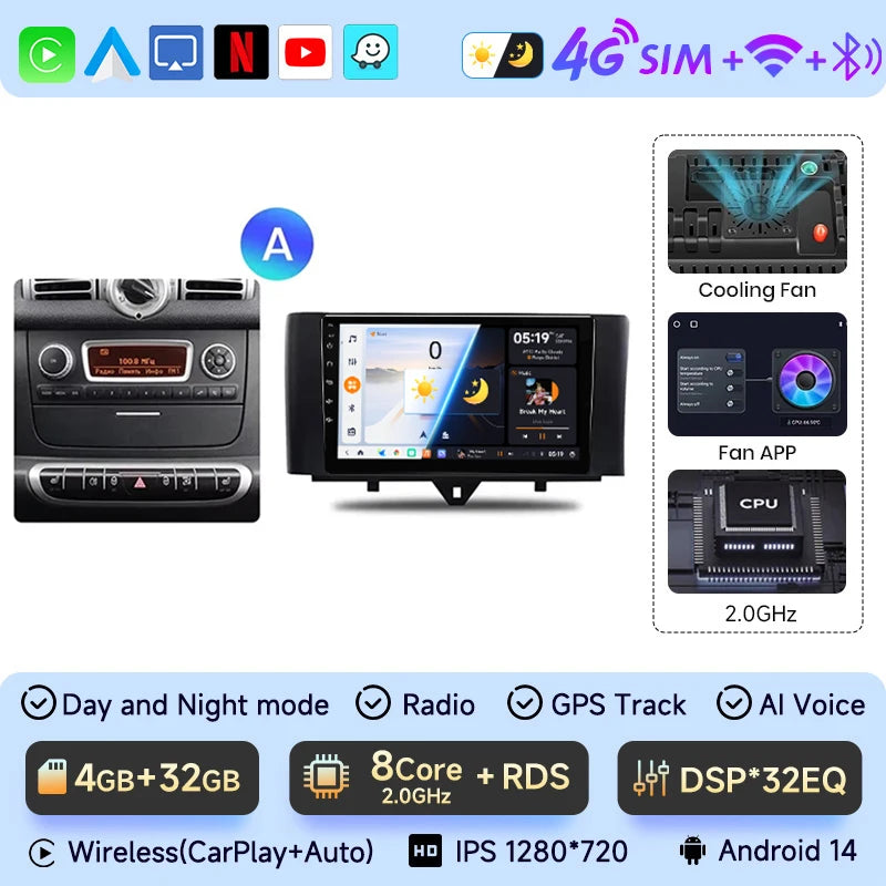 JIUYIN-Autoradio TS18 AI Voice Wireless CarPlay Android Auto Radio pour Smart Fortwo 451, 2005-2010, 4G, GPS, 2Din, Limitation de la voiture