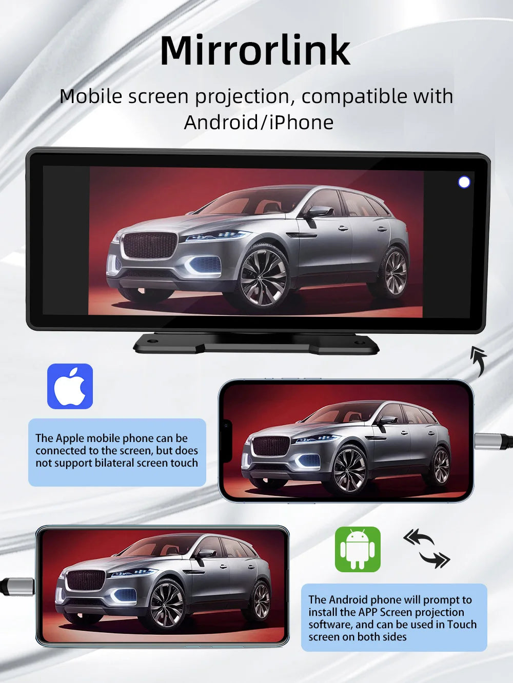 BQCC-Écran Carplay sans fil portable, caméra de recul arrière HD, autoradio DVR, lecteur vidéo MP5, Android Auto, 10.26 pouces