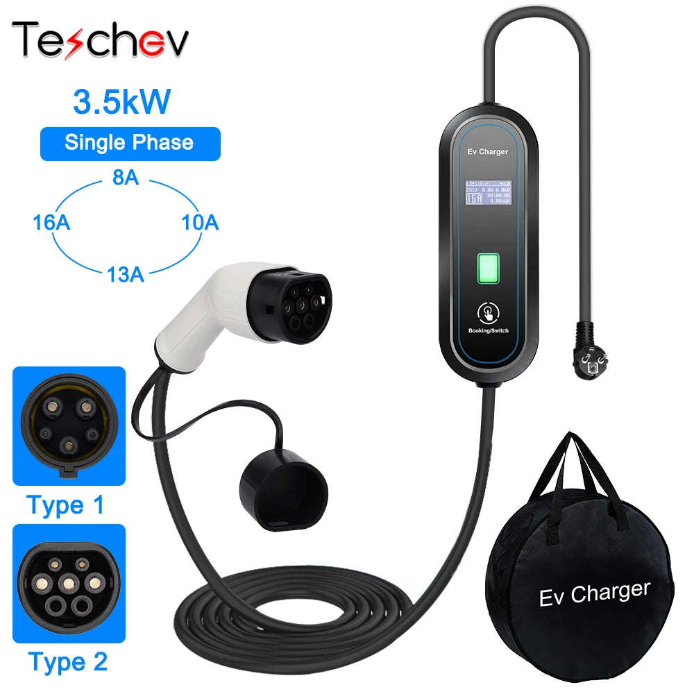 Teschev 3.5KW 16A EV chargeur Portable Type2 EVSE boîte de charge chargeur de voiture électrique J1772 Type1 chargeur de véhicule électrique