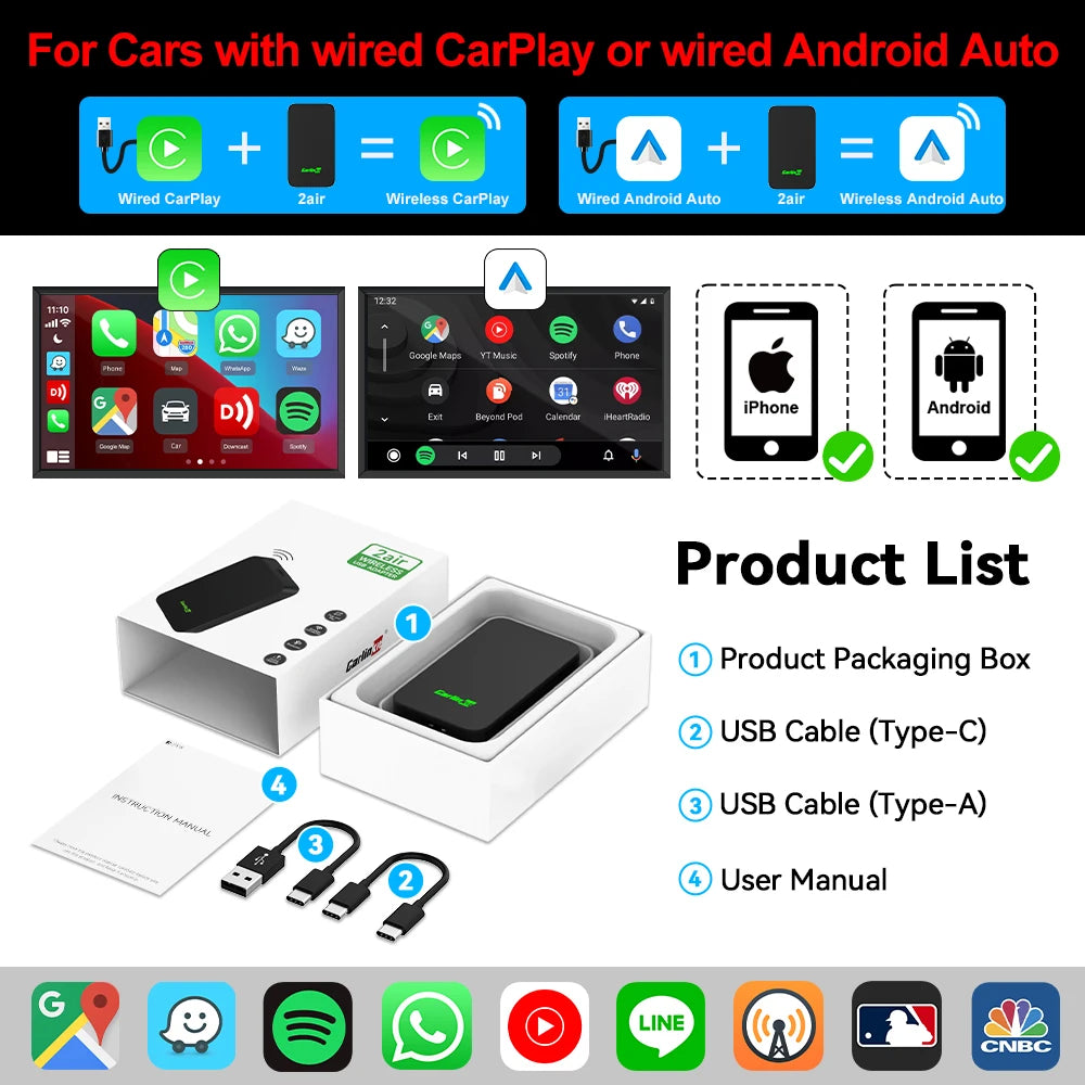 CarlinKit 2026 2Air Wireless Android Auto Box, Dongle CarPlay sans fil portable pour autoradio avec CarPlay filaire, Android Auto, 5.0