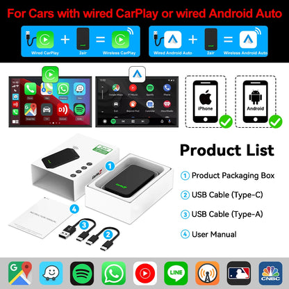 CarlinKit 2026 2Air Wireless Android Auto Box, Dongle CarPlay sans fil portable pour autoradio avec CarPlay filaire, Android Auto, 5.0