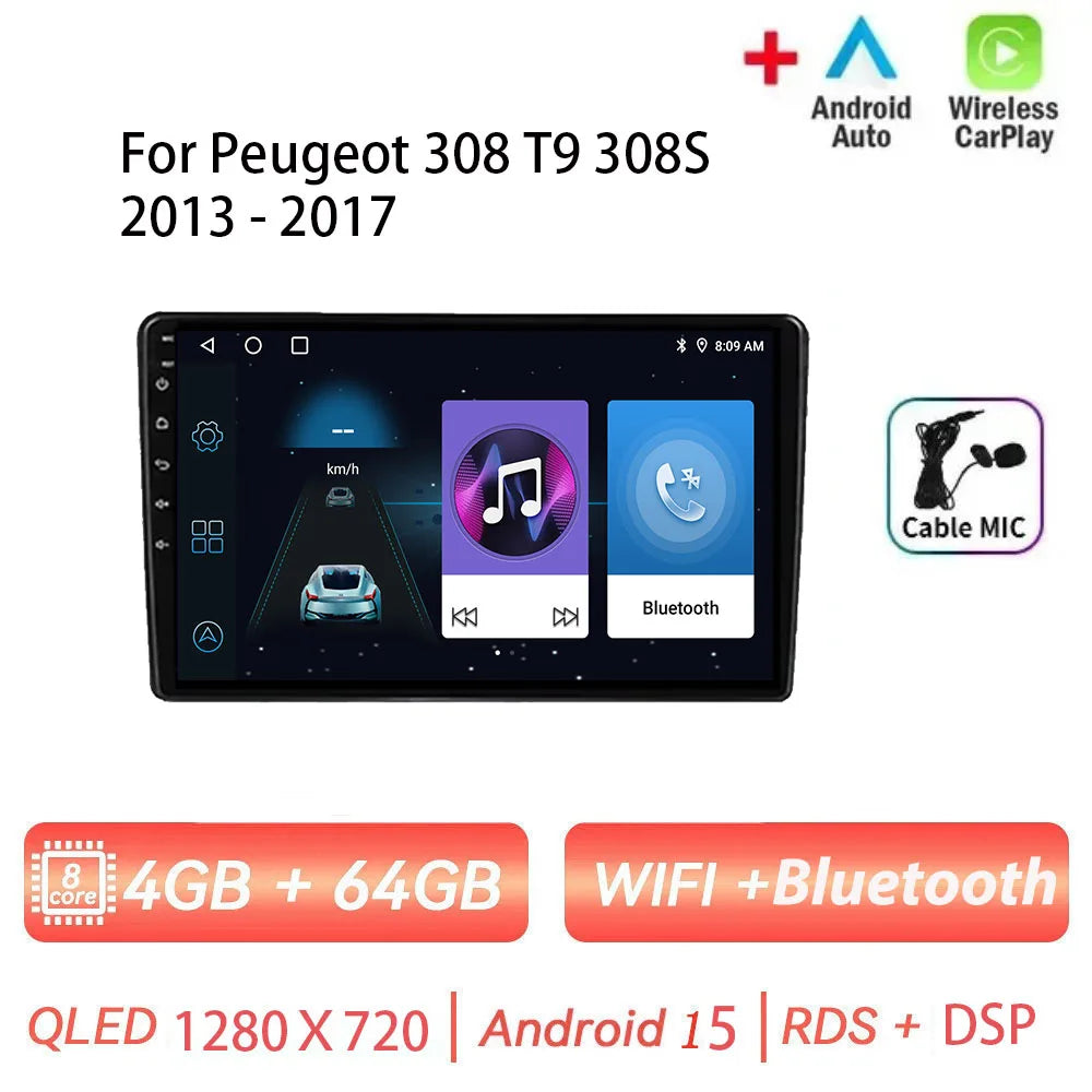 Android 15 pour Peugeot 308 T9 308S 2013 - 2017 Auto stéréo autoradio lecteur multimédia Navigation GPS 4G WIFI sans fil Carplay