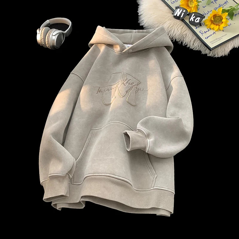 Sweat à capuche rétro lavé 2025 nouveau automne hiver Style de rue hommes à capuche lettres broderie haut à capuche ample surdimensionné sweats à capuche