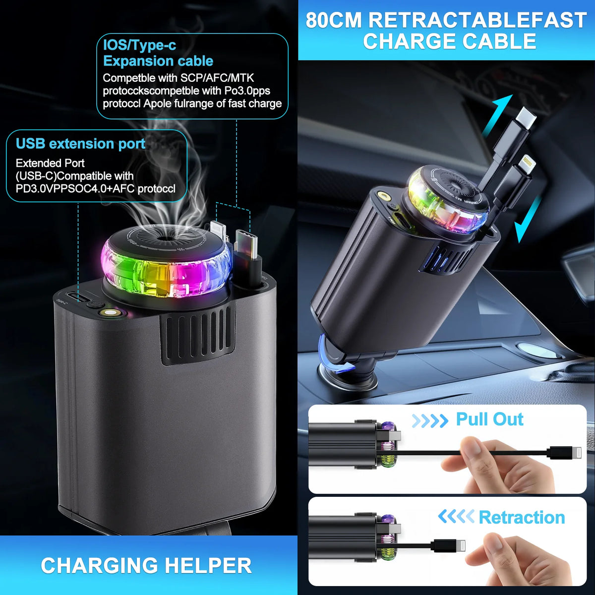 Aromathérapie Spray Atmosphère Lumière Chargeur De Voiture PD Charge Rapide Flash Charge Ligne Télescopique Star Sky Allume-Cigarette (Gris)