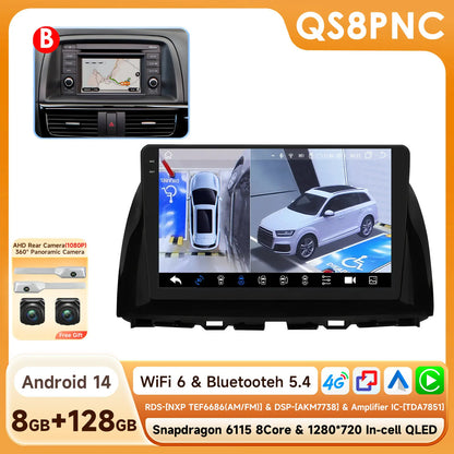 Snapdragon 8Core Android 14 autoradio pour Mazda CX5 CX-5 2012-2015 lecteur multimédia 6115 360 Cam Autoaradio Carpay Android Auto