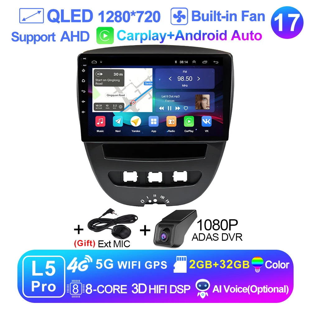 LEHX-Autoradio L6 Pro, Android 14, 2 Din, Stéréo, CarPlay, Limitation de Courant, GPS, pour Voiture KIT 107, Toyota Aygo, Cristaux en C1 (2005-2014)