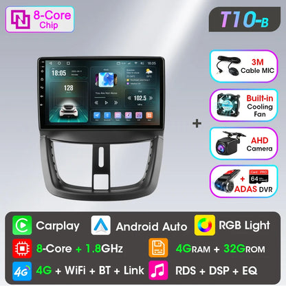 Autoradio Carplay sans fil Android pour Peugeot 207 CC 207CC 2006-2015 lecteur multimédia Navigation 2Din unité principale stéréo Auto