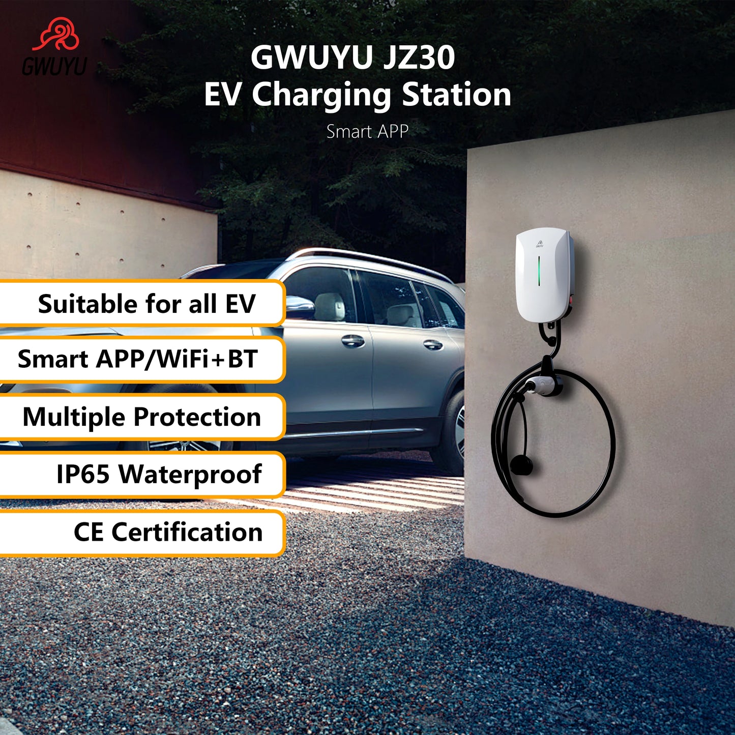 GWUYU Wallbox EV chargeur Type2 32A 7KW 16A 11KW 32A 22KW Station de recharge de véhicule électrique triphasé 5m câble prise en charge du contrôle par application