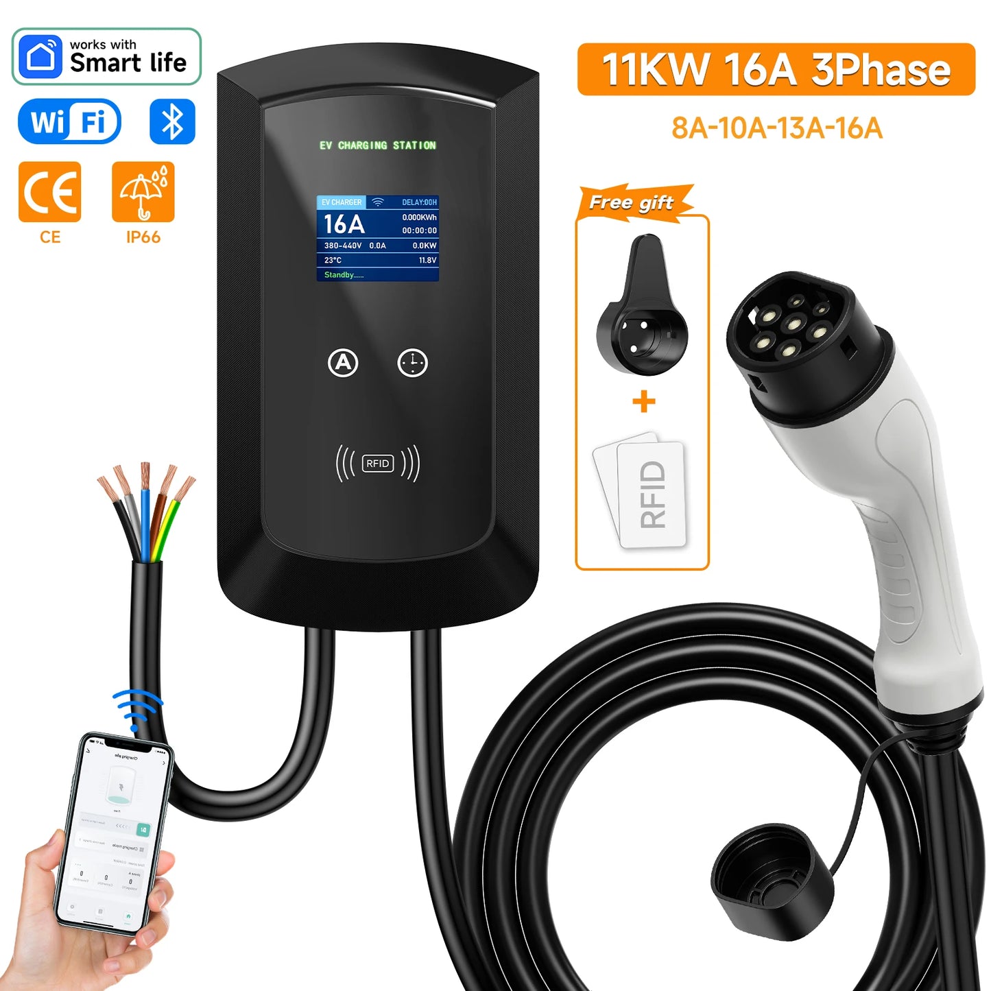 محطة شحن EV ثلاثية الأطوار AFEV 22KW 32A من النوع 2 IEC62196-2 شاحن سيارة كهربائية 7.6/11KW EVSE Wallbox WiFi APP للتحكم عن بعد