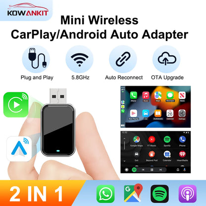 2 en 1 sans fil apple CarPlay Mini AI Box Bluetooth pour adaptateur de jeu de voiture universel Android Auto Dongle Plug & Play KowanKit 2026