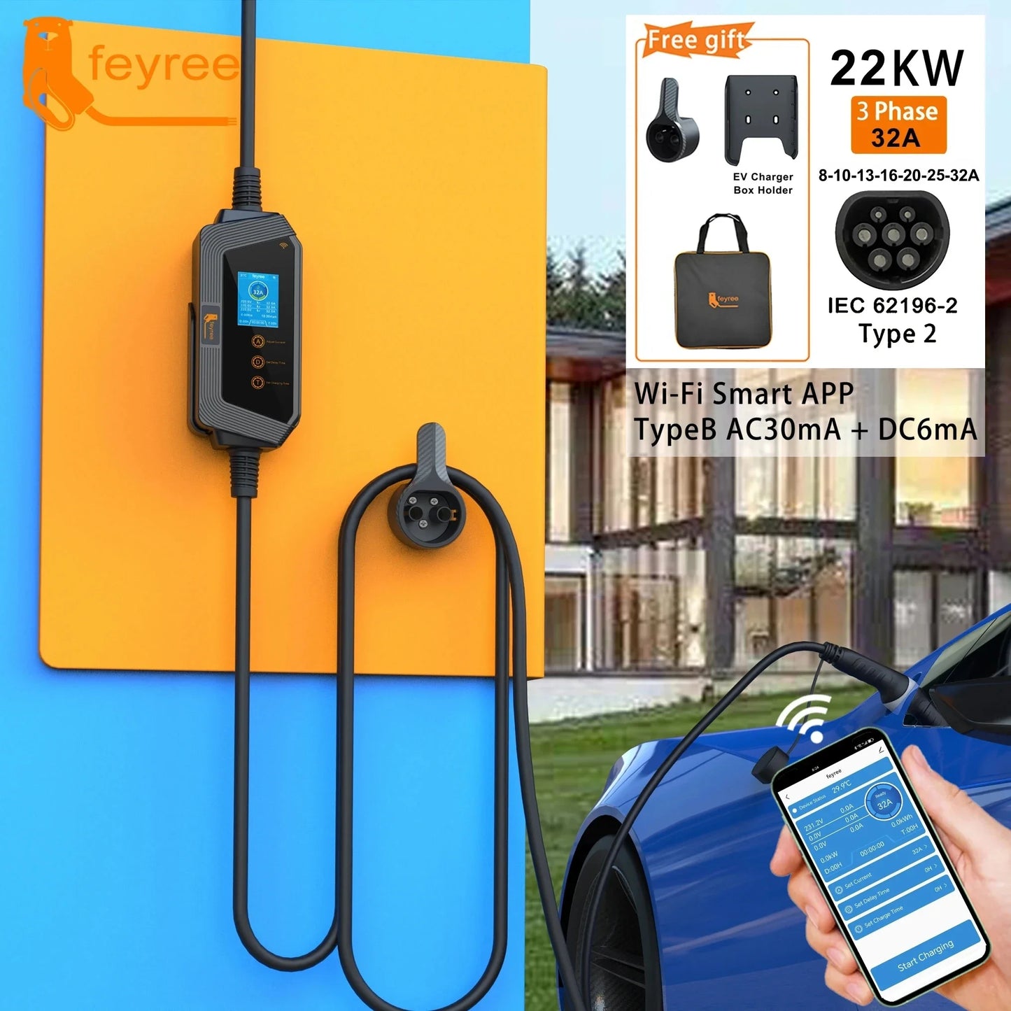 Feyree 22KW 32A ثلاثي الأطوار من النوع 2 شاحن سيارة كهربائية محمول Wi-Fi تحكم عبر التطبيق EVSE صندوق شحن محطة شحن لشاحن السيارة الكهربائية