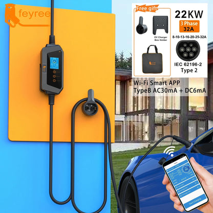 Feyree 22KW 32A ثلاثي الأطوار من النوع 2 شاحن سيارة كهربائية محمول Wi-Fi تحكم عبر التطبيق EVSE صندوق شحن محطة شحن لشاحن السيارة الكهربائية