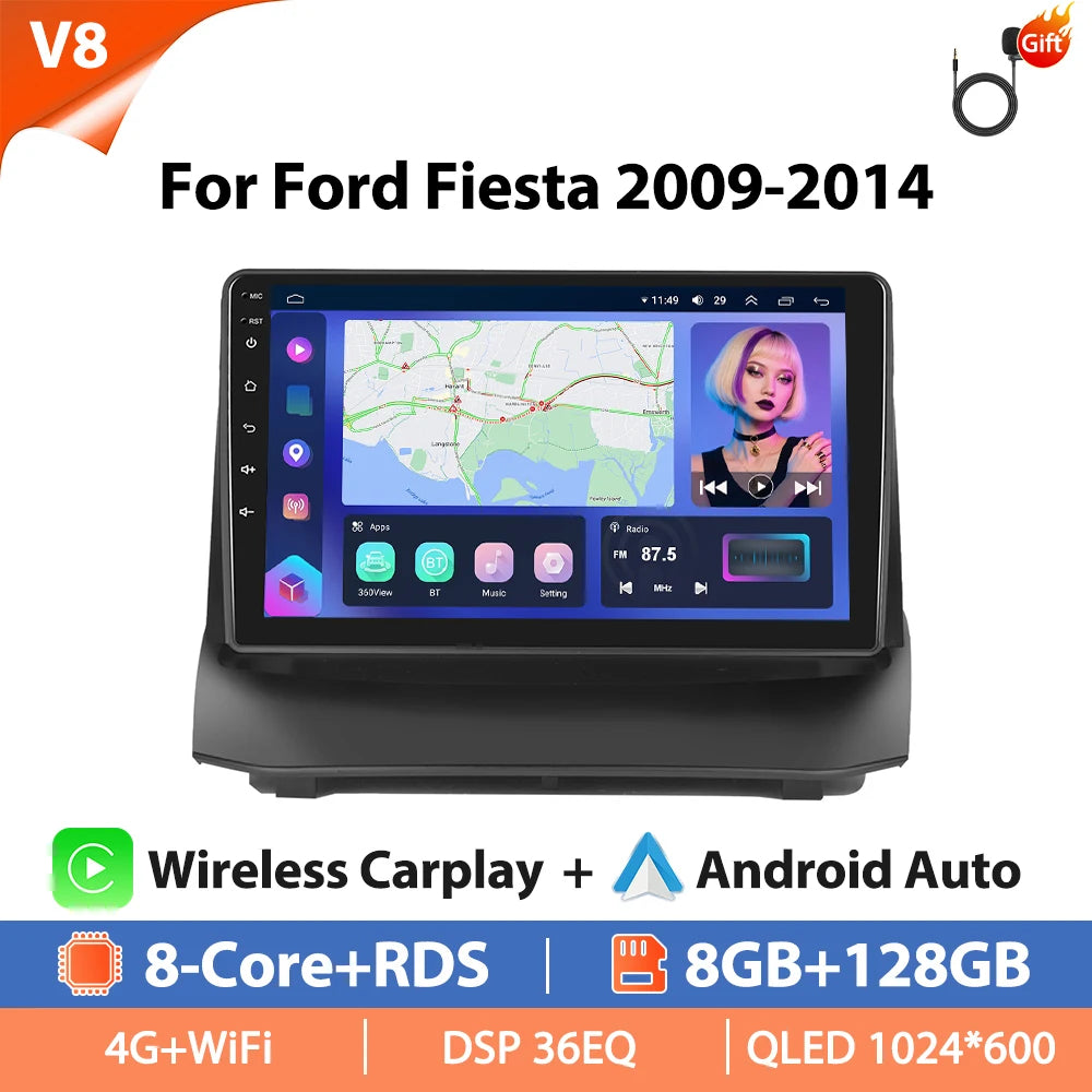 Autoradio Hikity 9 pouces 4G pour Ford Fiesta 2009-2014, lecteur multimédia vidéo, Carplay, Android Auto, 8 cœurs, WIFI, 4G, GPS, Mirrorlink, BT