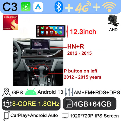 Android 13 sans fil Carplay 12.3 pouces pour Audi A6 C7 A7 2012-2018 autoradio multimédia Android Auto GPS 4G LTE DSP stéréo WiFi