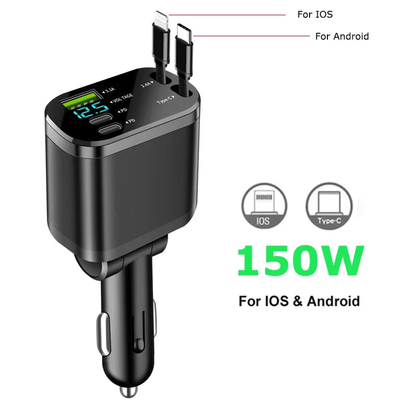 Chargeur de voiture 150W PD30W, adaptateur allume-cigare de voiture, affichage de la tension avec câble rétractable, chargeur rapide 22.5W pour IOS Android