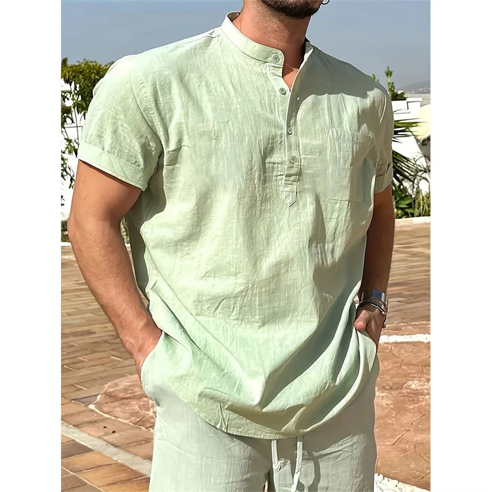 T-shirt col Henley pour hommes, en coton et lin, décontracté, respirant, léger, couleur unie, avec poches, à la mode, offre spéciale d'été