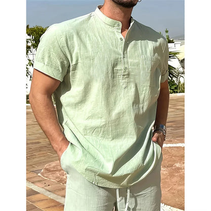 T-shirt col Henley pour hommes, en coton et lin, décontracté, respirant, léger, couleur unie, avec poches, à la mode, offre spéciale d'été
