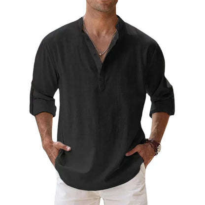 Nouvelles chemises en coton et lin pour hommes chemises décontractées légères à manches longues chemises de plage Henley t-shirts hawaïens pour hommes