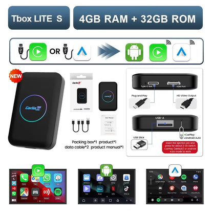 جهاز CarlinKit Lite Android TV Box محول لاسلكي 3 في 1 يدعم Netflix IPTV لاسلكي Android Auto & CarPlay Dongle لأجهزة راديو السيارة