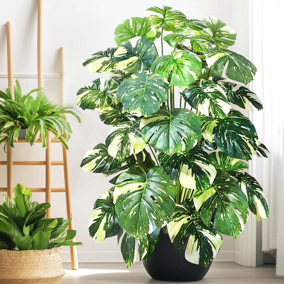 ورقة Monstera اصطناعية بلاستيكية، نبات مزيف للزينة بوعاء، مناسبة لديكور المنزل، 60-100 سم