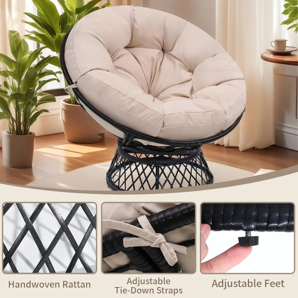 Fauteuil Papasan surdimensionné de 46 pouces avec rotation à 360° °   Fauteuil pivotant, cadre en rotin imperméable et coussin épais pour adultes