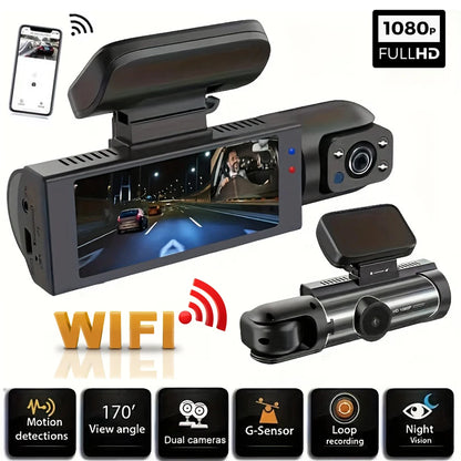 Caméra de tableau de bord pour touristes, caméra de voiture, avant et intérieur, vision nocturne IR, boucle statique, grand angle, DVR, WiFi, 1080P