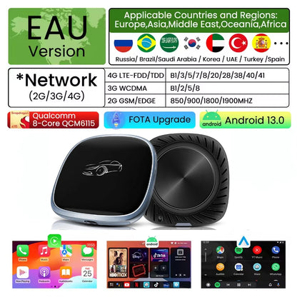 2026 CarPlay Ai Box CarPlay Android Auto filaire vers sans fil Android Qualcomm octa-core 4G + 64G Plug and Play