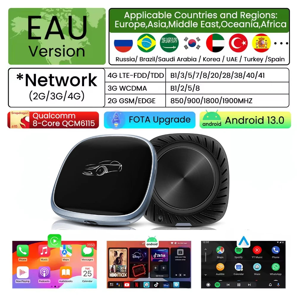 2026 CarPlay Ai Box CarPlay Android Auto filaire vers sans fil Android Qualcomm octa-core 4G + 64G Plug and Play