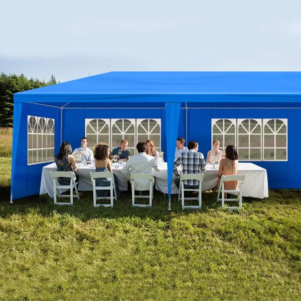 Tente de réception extérieure bleue 10x30 pieds (900x300 cm) en tissu PE imperméable avec structure en acier et 8 parois latérales amovibles avec fenêtres, capacité 50 personnes