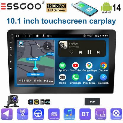 ESSGOO Écran Tactile 10.1 Pouces 2 DIN 2+64GB/4+64GB Autoradio Android 14 Carplay Sans Fil Android Auto GPS Navigation WiFi FM RDS Entrée Caméra Arrière Contrôle du Volant Mirror Link Bluetooth Écran Divisé USB
