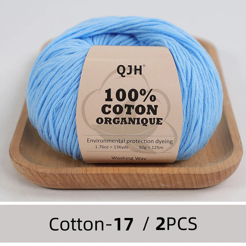 QJH Fil 100% coton biologique, fil pour tricoter, crochet et artisanat, paquet de 2 - 1,76 oz/136 mètres/1 pièce, léger, Dk