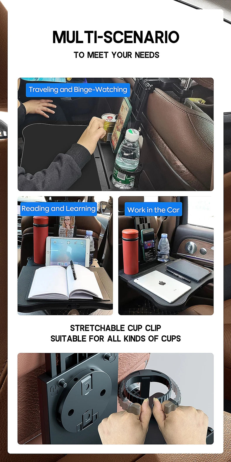 Plateau de voyage multifonctionnel haut de gamme pour voiture, pliable, avec porte-gobelet, adaptable à la plupart des voitures, idéal pour les voyages en voiture